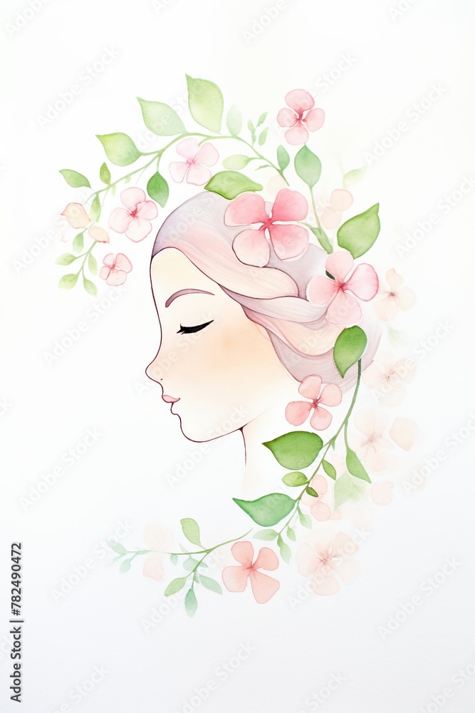 Spring Bloom, Spring's first bloom, soft pinks & greens, cartoon drawing, water color style.
