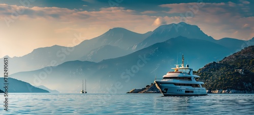 Luxury yacht sailing in the middle of the sea beside an island and mountains in the horizon as wide banner with copy space area for text photo