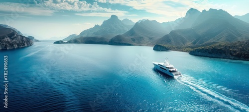 Luxury yacht sailing in the middle of the sea beside an island and mountains in the horizon as wide banner with copy space area for text photo