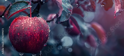 Micro shot close up of a fresh red apple fruit hanged on tree with water drops dew as wide banner with copy space area photo