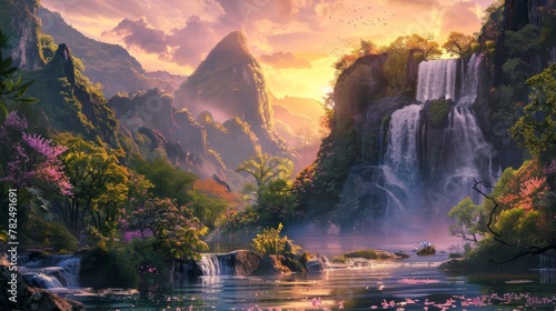 A painting showcasing a waterfall flowing through a dense forest  surrounded by tall trees and lush greenery. The waterfall cascades down rocks  creating a scene of natural beauty and tranquility.