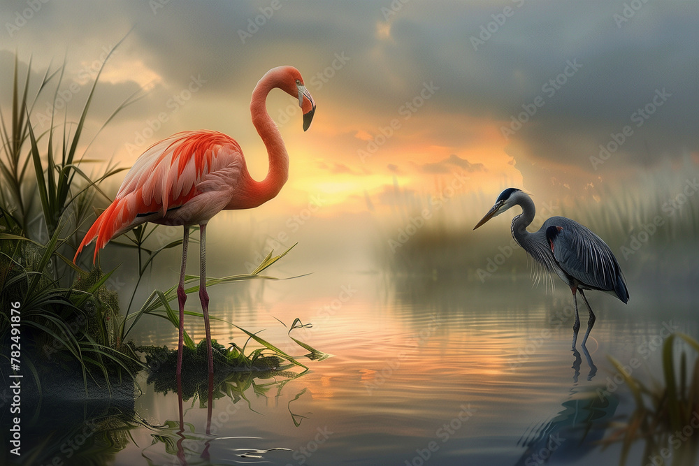 flamingo and heron in the water - obrazy, fototapety, plakaty 