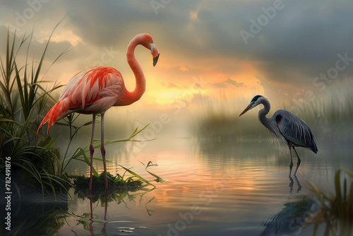 flamingo and heron in the water