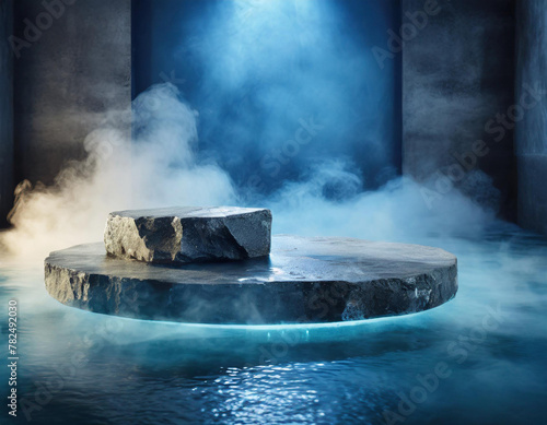 Dark stone podium for product presentation. Platform in water. Blue neon led lighting, steam and charming atmosphere. Interior, beauty farm, spa, product placement. photo