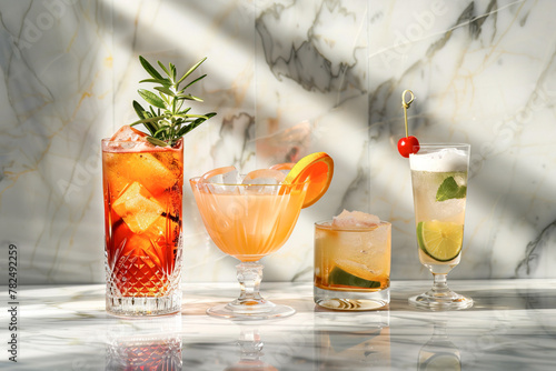 Four different summer fresh cocktails on white marble table and wall with dramatic hard light © LorenaPh