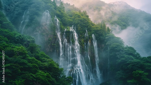 A towering waterfall descends from a rugged mountainside, surrounded by dense, lush green trees in a picturesque natural setting. The water cascades down with tremendous force, creating a breathtaking
