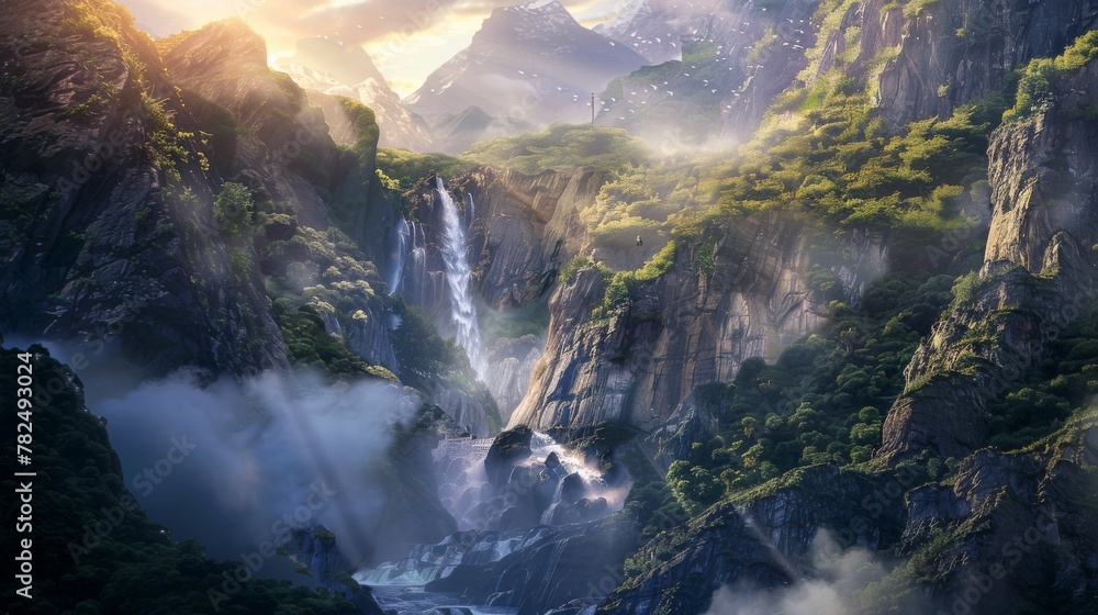 A stunning painting depicting a powerful waterfall cascading down rocky cliffs, nestled amidst towering mountains. The scene captures the raw beauty of natures grandeur.
