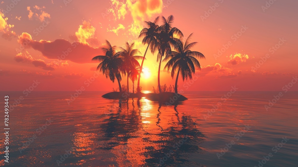 The image shows a tropical island sunset with palm trees in the foreground. The golden sun is setting in the background, casting a warm glow over the scene. The palm trees are silhouetted against the
