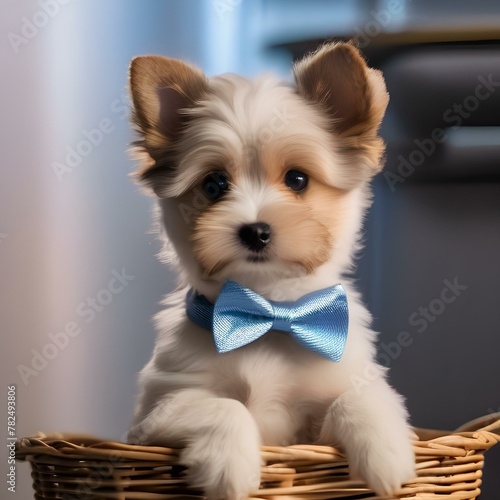 A cute puppy wearing a bowtie and sitting in a basket4 photo