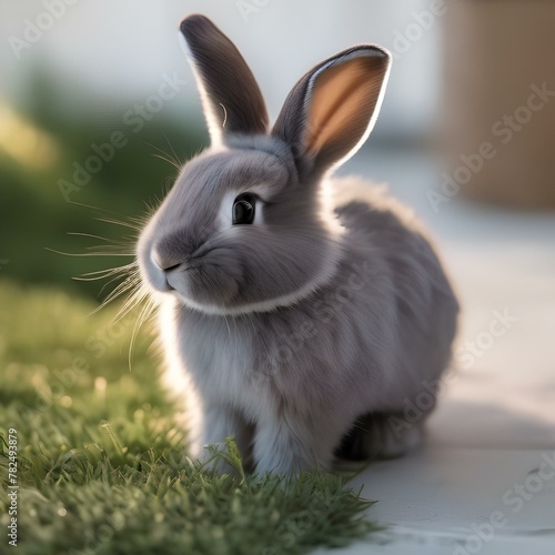 A fluffy gray bunny with a fluffy tail, sitting in a patch of sunlight5
