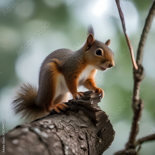 A baby squirrel clinging to a tree branch, with its tail wrapped around it5
