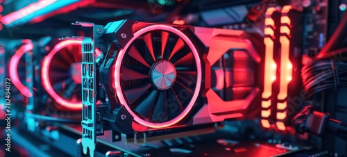 RGB LED light fan. Computer with water cooling system. Inside of air cooled high performance modern.