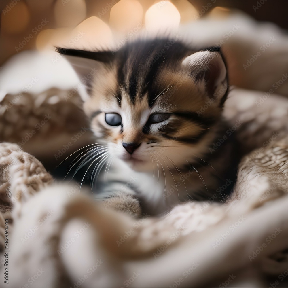 A sleepy kitten snuggled up in a cozy blanket, with its eyes closed5