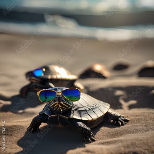 A pair of small turtles wearing tiny sunglasses, basking in the sun4 photo