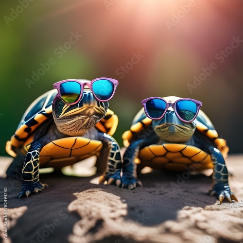 A pair of small turtles wearing tiny sunglasses, basking in the sun2 photo