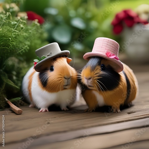 A pair of guinea pigs wearing matching tiny hats and exploring a miniature garden1