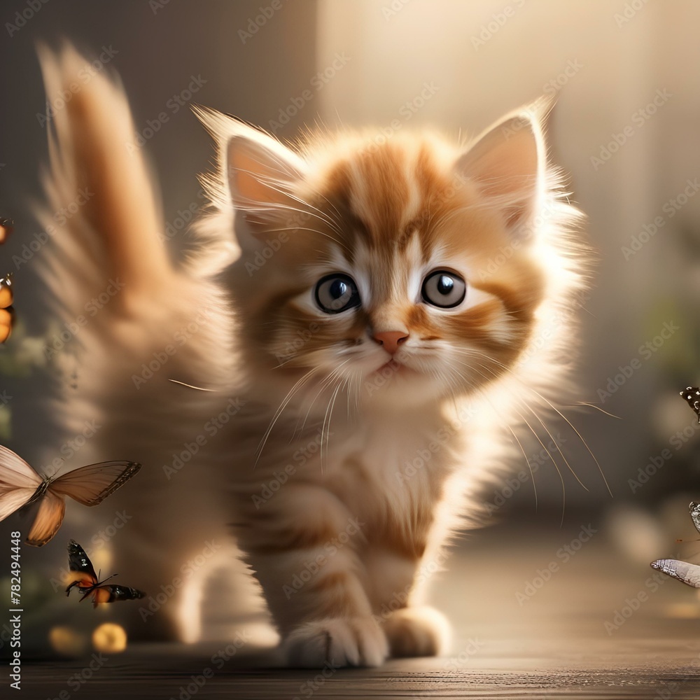 A fluffy orange kitten with a playful expression, chasing a butterfly4