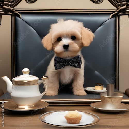 A small puppy wearing a bowtie and sitting at a tiny table with a tea set1 photo
