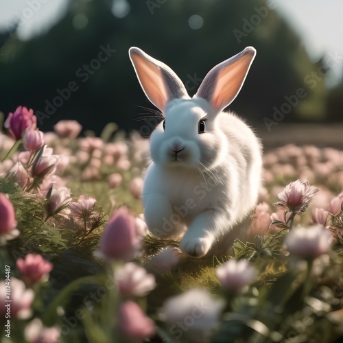 A cute bunny wearing a flower crown and hopping through a field of flowers4