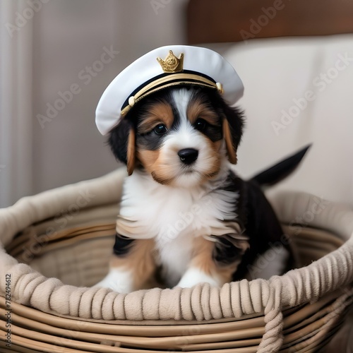 A cute puppy wearing a sailor hat and sitting in a toy boat3