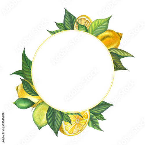 Watercolor lemon round frame with lime, leaves, lemons. Hand painted fresh yellow lemon fruits, isolated on white background. Fresh fruits illustration for design, print, fabric, postcard, menu decor photo