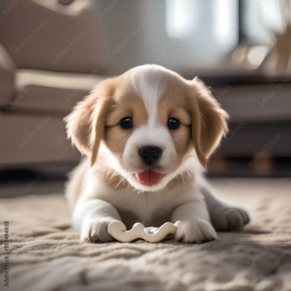 A playful puppy with a toy bone in its mouth, wagging its tail happily4 - obrazy, fototapety, plakaty 