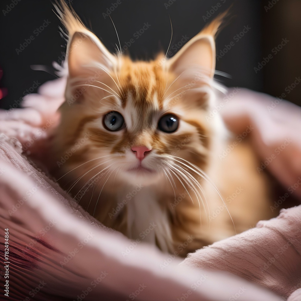 A fluffy orange kitten with a pink nose, peeking out from under a blanket1