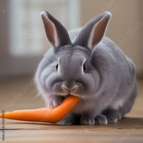 A fluffy gray bunny nibbling on a carrot, with its nose twitching5
