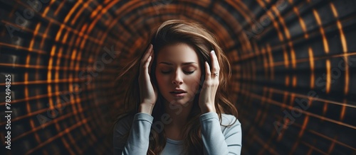 Woman felling headache dizzy sense of spinning dizziness.  photo