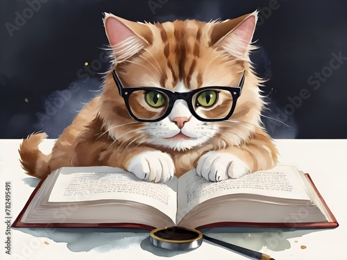 watercolor cat reading book graphic