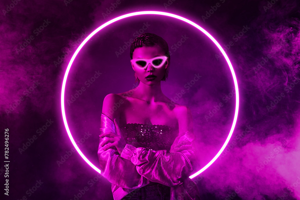 Composite collage image of stylish hipster cool look promo night life wear glowing sunglass neon purple fog background Composite collage image of stylish hipster cool look promo night life wear glowing sunglass neon purple fog background