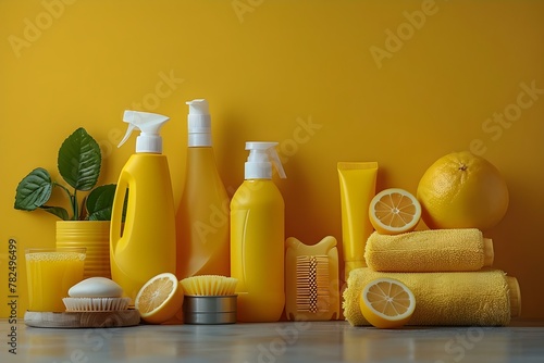 Spotless Serenade: Yellow Cleaning Essentials. Concept Cleaning Tips, Yellow Supplies, Home Organization, Effective Cleaning, Spotless Serenade photo