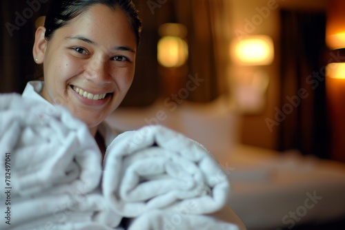 A smiling young woman holding a soft towel, ready for a spa experience in a cozy hotel room. Happy Woman Holding Towel in Hotel Room