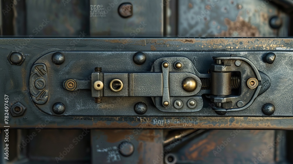 Exploring the design of an industrial slide bolt latch, close-up on its intricate, inspired elements for reliable door security