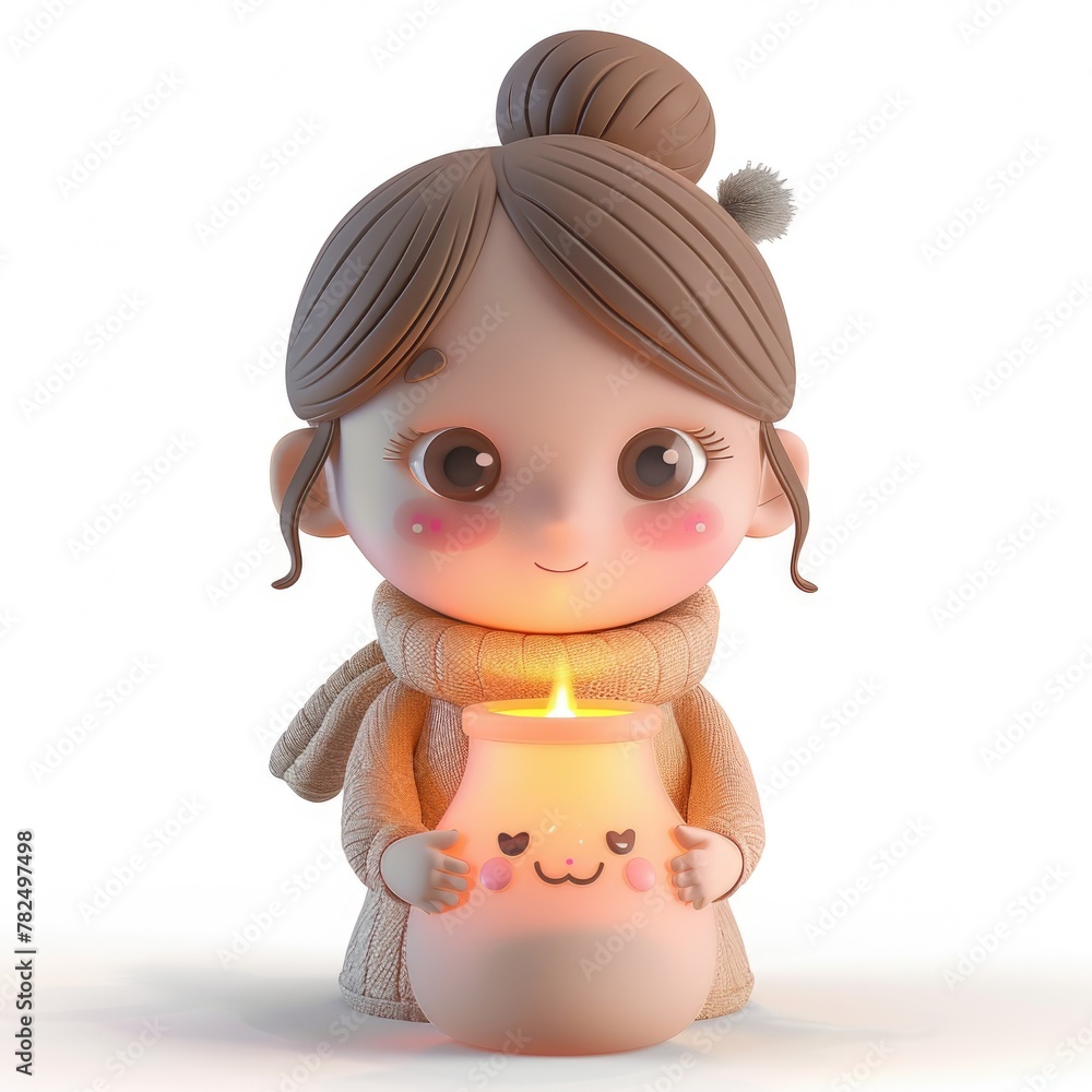 3d character girl woman holding a candle in her hands. cosiness. blanket. Make a wish. Hope. birthday. Aroma candle 3d character girl woman holding a candle in her hands. cosiness. blanket. Make a wish. Hope. birthday. Aroma candle
