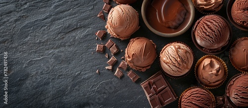 Top and flat lay view of chocolate ice cream desserts over a dark concrete background with copy space.