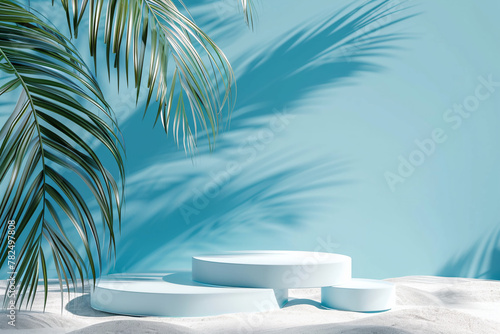 Empty podium or pedestal display on blue background with tropical leaves . Summer scene stage showcase for new product, promotion sale, banner, presentation, cosmetic. AI Generated	
