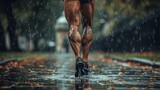 Runner's legs sprinting through the rain on wet pavement. Muscular legs of a sprinter running in the rain. Concept of determination, outdoor fitness, rainy weather training, and endurance.