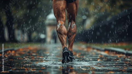 Runner's legs sprinting through the rain on wet pavement. Muscular legs of a sprinter running in the rain. Concept of determination, outdoor fitness, rainy weather training, and endurance.