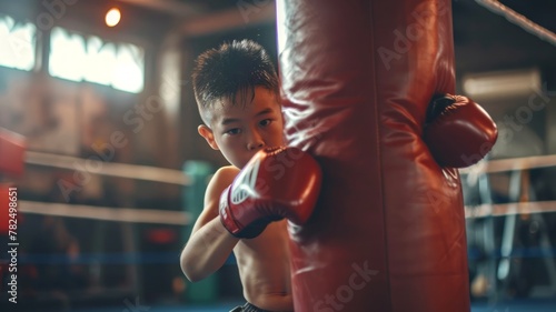 Asian boy training boxing. Child in gym with boxing gloves. Kid boxer practicing punches. Concept of childhood discipline, athletic training, youth sports, and active lifestyle © Jafree