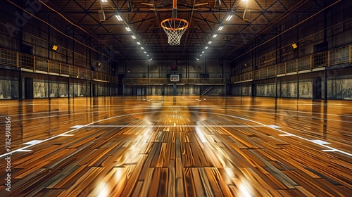 Illuminated indoor basketball court, devoid of players. Polished wooden floor of a sports arena. Concept of sports venue, competitive environment, training space, and athletic events.