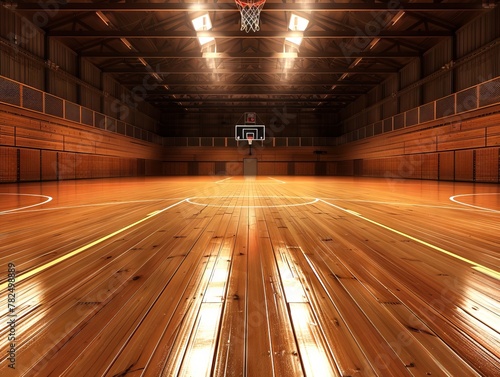Indoor basketball court lying empty under a soft, diffused overhead light that gently illuminates the polished wood floor and the vivid court lines. Concept of sports, competition, basketball training photo