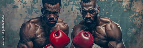 Two African American male boxers in boxing gloves facing camera on textured blue background. Close-up sports portrait. Design for fight club poster, banner, and sports advertising. Dramatic lighting