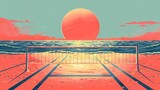 Vintage beach volleyball court at sunset near the ocean. Retro beach volleyball setting with warm tones. Concept of leisure, beach sports, vintage travel poster, and sunset vibes.