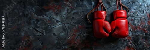 Red leather boxing gloves hanging on a blue wall. Banner. Textured backdrop with copy space. Minimalistic sports equipment concept. Design for poster, banner, sport-related advertising. Copy space
