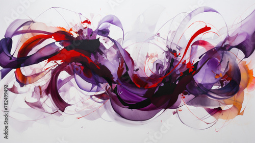 Bold ribbons of electric violet and fiery red on a pure white canvas, intertwining to create a sense of depth and movement.