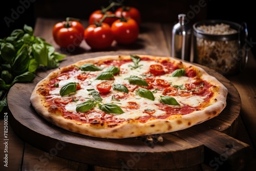 a pizza with tomatoes and basil on a wooden surface
