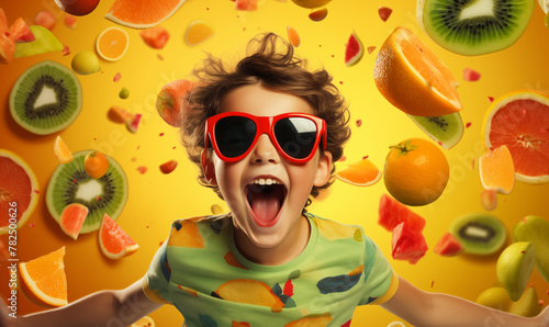 Happy kid on colorful fruits background, concept of fruit world, generated ai