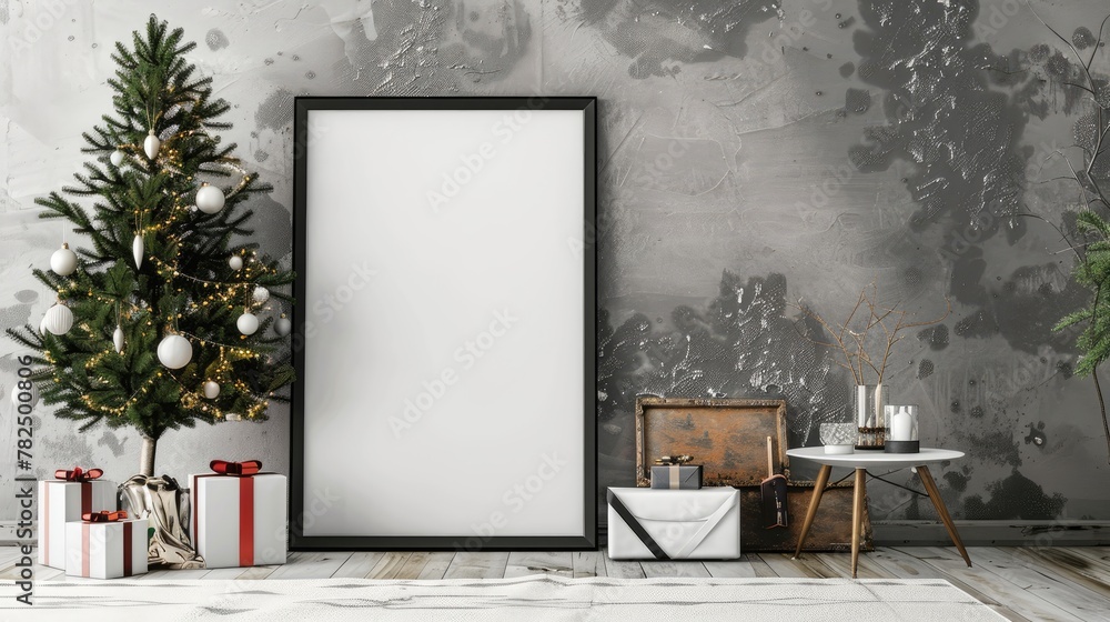 mock up poster frame in hipster interior background,christamas decoration, 3D render mock up poster frame in hipster interior background,christamas decoration, 3D render