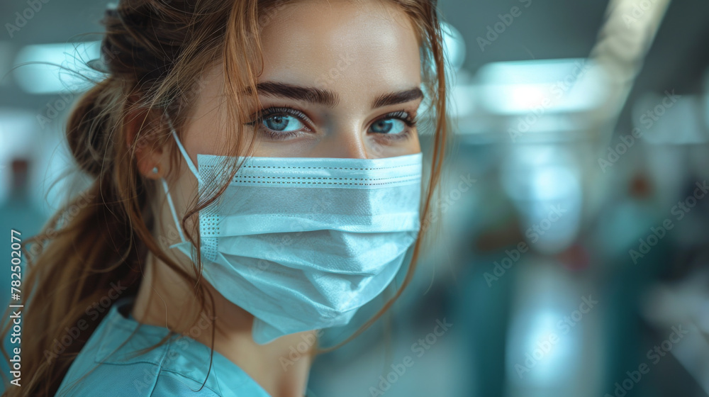 Side view of serious female nurse in uniform putting on medical mask before work while standing in clinic during coronavirus epidemic and looking away. Side view of serious female nurse in uniform putting on medical mask before work while standing in clinic during coronavirus epidemic and looking away.